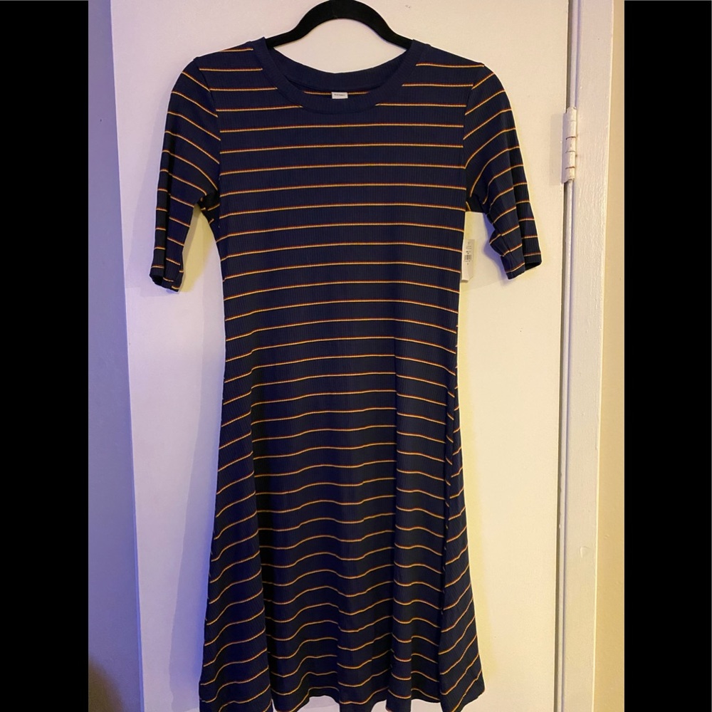 Rib Knit Navy & Yellow Stripe Dress